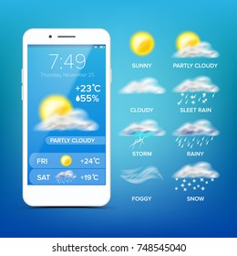 Weather Widget Forecast App Vector. Realistic Smartphone.  App With Rain, Sun Icons. Blue Screen Background. Mobile Application Screen. Design Element Illustration