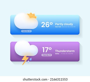 Сards for a weather widget. Weather icon set for a website or mobile app UI. Bright realistic 3d modern glass morphism cards designed in vector isolated on blue background.