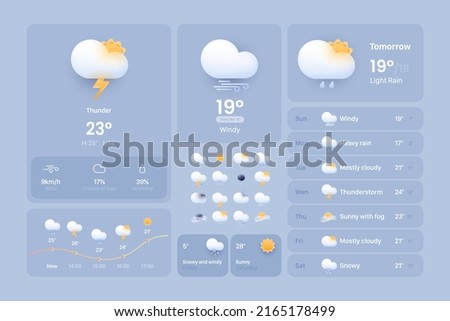 Сards for a weather widget. Weather icon set for a website or mobile app UI. Bright realistic 3d modern glass morphism elements in vector.