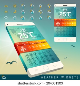 Weather Widget Symbols and Interface Design. Vector illustration. Set of weather icons for web and mobile. Flat design easy editable for your design. 
