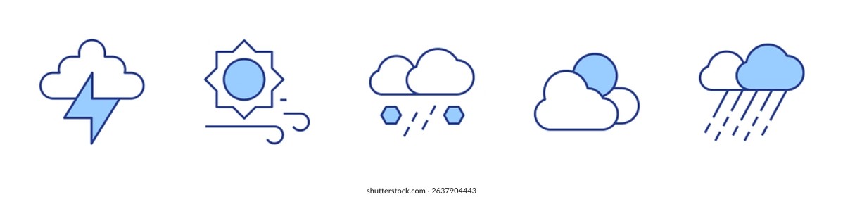 weather, wind, hail, rain, thunder. Weather forecast Icon vector illustration. Line Duotone style. Editable stroke.