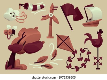 Weather wind illustration cute clipart object set vector