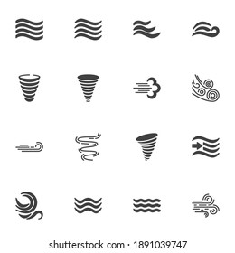 Weather wind vector icons set, modern solid symbol collection, filled style pictogram pack. Signs, logo illustration. Set includes icons as meteorology, wind blow, hurricane tornado, fresh air waves