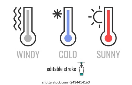 Weather, windy,hot or sunny and cold climate line icons set. Temperature symbol.Thermometer with wind,snowflake and sun signs. Vector graphics illustration EPS 10. Editable stroke