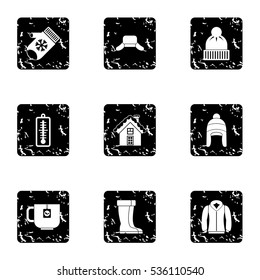 Weather winter icons set. Grunge illustration of 9 weather winter vector icons for web