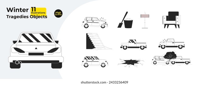 Weather wintertime black and white 2D line cartoon objects bundle. Traffic accident, car vehicles isolated vector outline items collection. Icy steps, heater monochromatic flat spot illustrations