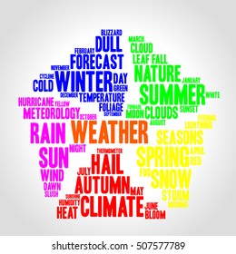 Weather word cloud in shape of pentagon. Gradient background. Vector.