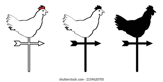 Weathercock Or Weathervane. Cartoon Stick Rooster Arrow Or Hen Line Pattern. Vector Cock Compass Logo, Chicken Silhouette With Red Crest. Roosters Weather Vane, Directions Icon Or Pictogram. 