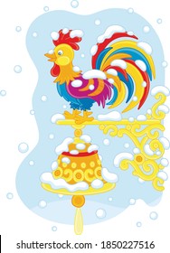 Weathercock, a weathervane in the form of a toy colorful cockerel with a ringing hand bell on a wall of a house, under snow on a cold and snowy winter day, vector cartoon illustration