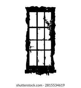 A weathered, broken window with cracked glass and damaged frame, showcasing decay and neglect in an abandoned building setting.