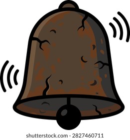 A weathered and cracked brown bell ringing against a plain white background. This vector graphic symbolizes antiquity and urgent warnings.