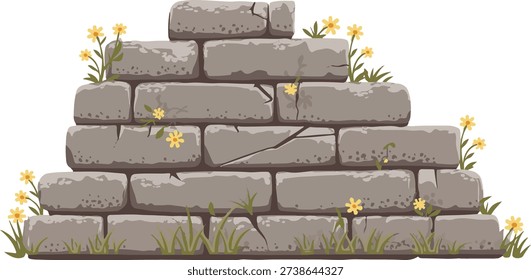 Weathered Grey Stone Wall with Wildflowers and Grass