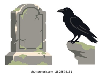 Weathered grey tombstone covered in moss and black raven bird perched on a rock for cemetery atmosphere.