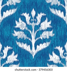 Weathered ikat indigo damask pattern seamless vector background tile
