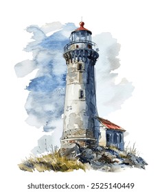 Verwitterter Leuchtturm, der hoch steht gegen einen Himmel aus sanftem Blues und Wolken. Charme an der Küste, ideal für Designs zu nautischen Themen, Wohnkultur oder Reiseplakate. Alte Leuchtturm stehende Illustration.