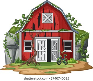 Weathered red barn with open doors, overgrown plants, rocks, and an old bicycle in foreground
