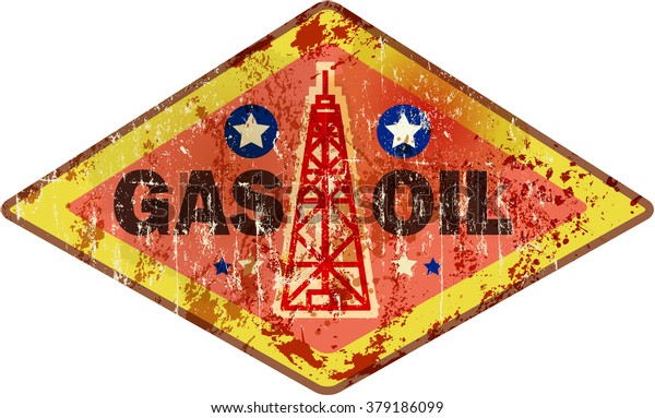 weathered retro oil and gas advertising sign,\
vector illustration, fictional\
artwork