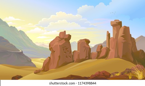 The weathered rocks and mountains on the sands of a desert.