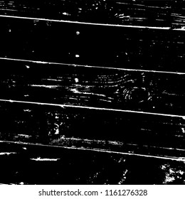 Weathered rural grainy timber backdrop. Aged dried board creative element. Grunge old wood black cover template. Wooden dry planks diagonal distressed overlay texture with knot. EPS10 vector.