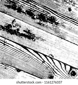 Weathered rural grainy timber backdrop. Aged dried board creative element. Grunge old wood black cover template. Wooden dry planks diagonal distressed overlay texture with knot. EPS10 vector.