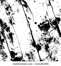 Weathered rural grainy timber backdrop. Aged dried board creative element. Grunge old wood black cover template. Wooden dry planks diagonal distressed overlay texture with knot. EPS10 vector.