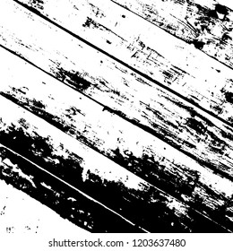 Weathered rural grainy timber backdrop. Aged dried board creative element. Grunge old wood black cover template. Wooden dry planks diagonal distressed overlay texture with knot. EPS10 vector.