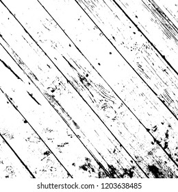 Weathered rural grainy timber backdrop. Aged dried board creative element. Grunge old wood black cover template. Wooden dry planks diagonal distressed overlay texture with knot. EPS10 vector.