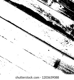 Weathered rural grainy timber backdrop. Aged dried board creative element. Grunge old wood black cover template. Wooden dry planks diagonal distressed overlay texture with knot. EPS10 vector.