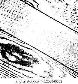 Weathered rural grainy timber backdrop. Aged dried board creative element. Grunge old wood black cover template. Wooden dry planks diagonal distressed overlay texture with knot. EPS10 vector.