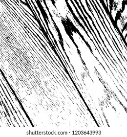 Weathered rural grainy timber backdrop. Aged dried board creative element. Grunge old wood black cover template. Wooden dry planks diagonal distressed overlay texture with knot. EPS10 vector.