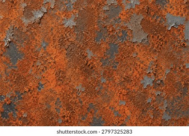 Weathered rust grunge seamless texture background with oxidized metal surface, peeling paint layers, corrosion bloom and patina in deep burnt orange and brown tones