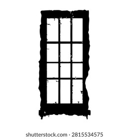 A weathered, rustic window frame with multiple glass panes, showcasing aged wood and vintage charm, ideal for architectural or historical themes.