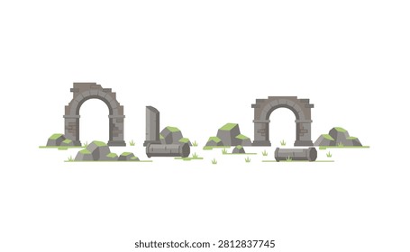 Weathered stone archway ruins and fallen cylindrical pillars surrounded by green grass and rocks on plain background.