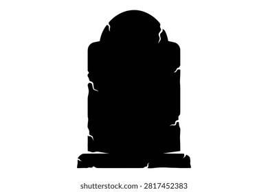 Weathered tombstone silhouette with cracks and arched top on transparent background