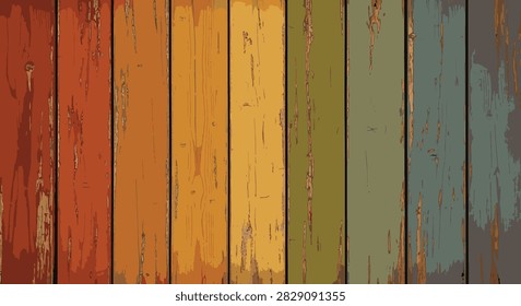 Weathered vertical timber planks featuring a spectrum of distressed colors including red, orange, yellow, green, and blue with peeling paint and visible natural wood grain texture.