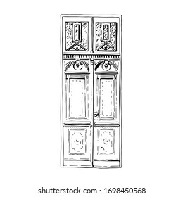A weathered vintage high wooden double door silhouette. hand drawn illustration. Ink pen sketch style. icon for your design, prints, wallpaper