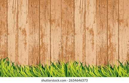 Cerca de madeira intacta com pranchas verticais e grama verde na base. Ilustração de vetor exterior rústica perfeita para fazenda, jardim e paisagem.