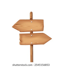 Weathered wooden arrows pointing in opposite directions realistic vector illustration. Signpost effective way finding tool 3d object on white