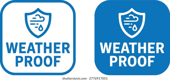 Weatherproof icon set with shield and rain symbol in blue outline and filled styles on white background