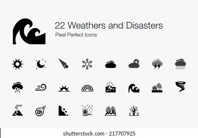 Ícones perfeitos de pixel de climas e desastres