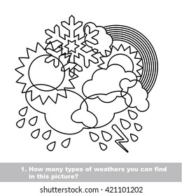 Weathers mishmash set in vector outlined to be colored.  Find all hidden objects on the picture. Visual game for children.