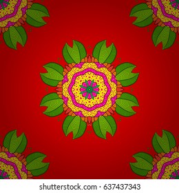 Weave design element. Yoga logo, background for meditation poster. Decorative round ornament. Unusual flower shape oriental line. Anti-stress therapy pattern. Vector outline Mandala on red background.