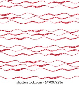 Weave effect trios of red doodle lines with polka dot texture. Seamless geometric vector pattern on soft white background. Great for all Christmas products, giftwrap, stationery, graphic design