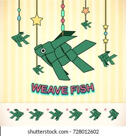 Weave fish from banana leaf. Mobile toy for baby. Animation frame by frame, Craft design,  Vector illustration.