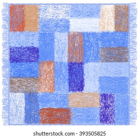 Weave grunge striped and checkered soft plaid with fringe in blue, brown, white colors