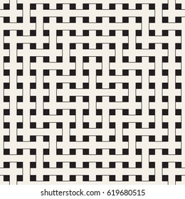 Weave Seamless Pattern. Braiding Background of Intersecting Stripes Lattice. Black and White Geometric Vector Illustration.