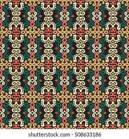 Weave seamless pattern. Colorful background. Flourish vector. Intricate luxury ornament. Dark color illustration. Decorative fabric print, furniture textile, wallpaper, pillow. Interior design element