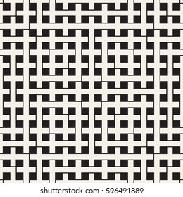 Weave Seamless Pattern. Stylish Repeating Texture. Braiding Background of Intersecting Stripes Lattice. Black and White Geometric Vector Illustration.