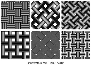 Weave seamless patterns set, vector linear backgrounds with woven textures, textile knitted repeat tiling wallpapers, perfect simplistic minimal designs.