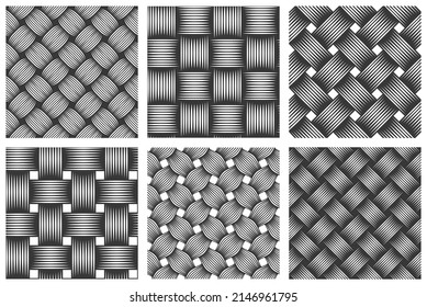 Weave seamless patterns set, vector linear backgrounds with woven textures, textile knitted repeat tiling wallpapers, perfect simplistic minimal designs.